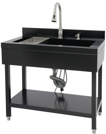 Lavando in acciaio inossidabile a libera installazione, lavello singolo, lavello da cucina rettangolare con piedistallo, lavello mobile per cucina, garage, esterno (Nero, 90 * 60 * 80cm)