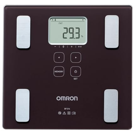 OMRON BF 214 - Bilancia per l'analisi personale e corporea, misurazione del peso, del grasso corporeo e della massa muscolare scheletrica, memoria per un massimo di quattro utenti, calcolo dell'IMC