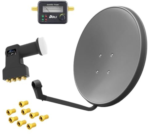 ARLI 60 cm HD Sat Anlage Octo LNB + Satfinder + 8 F-Stecker vergoldet breite Mutter Dichtring 8 Teilnehmer grau UHD 4K Satellitenschüssel Satelliten Antenne 60 cm