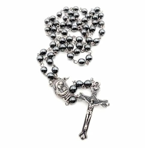 Nazareth Store Black Hematite Catholic Rosary Necklace with 59 Beads Jerusalem Holy Soil Medal Silver-Plated Crucifix 18 Inch Five Decade Prayer Beads