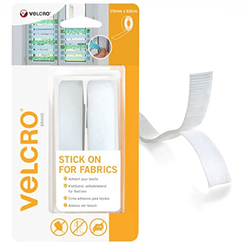 VELCRO BRAND White Stick On Fabric Tape - 19mm x 60cm - Multipurpose No-Sew Hook and Loop Fabric Adhesive with Sticky Back - Perfect Solution for Secure Repairs, Clothing & Hemming