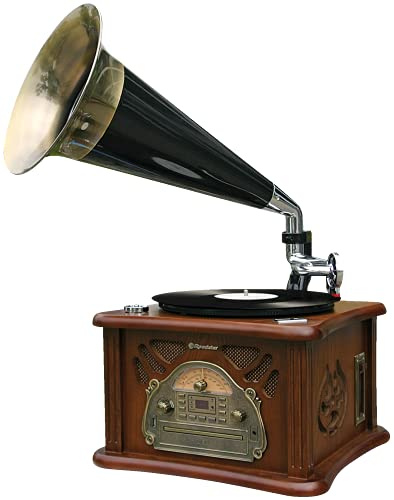 Roadstar HIF-1850TUMPK Gramophone Vintage en Bois, Platine Vinyle 33/45/78 TR/Min, Radio AM/FM, Lecteur CD-MP3, Cassette, Fonction d'enregistrement USB, Télécommande, Rétro