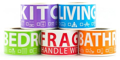 250 Permanent Home Moving Box Labels. 1 Bedroom Apartment. 50 Labels Per Room, 5 Colour Coded Permanent Rolls. Fragile Label Included for Moving Boxes, Moving Supplies, Wardrobe Boxes, House Sticker