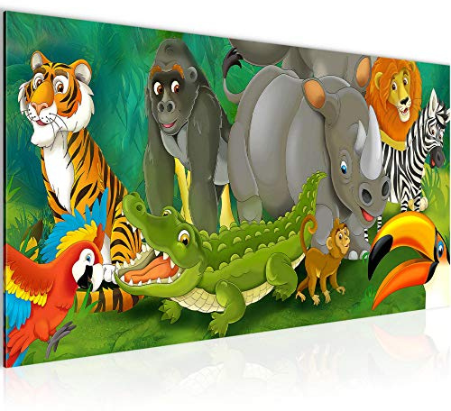 Runa Art Wandbild Tiere Dschungel 1 Teilig 100 x 40 cm Modern Bild auf Vlies Leinwand Kinderzimmer Spielzimmer Baby Bunt 001812a
