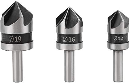 sourcing map 3uds Juego de Taladros para avellanar 12mm 16mm 19mm de diám. | 90 grado, Herramienta de 5 flautas de Bisel