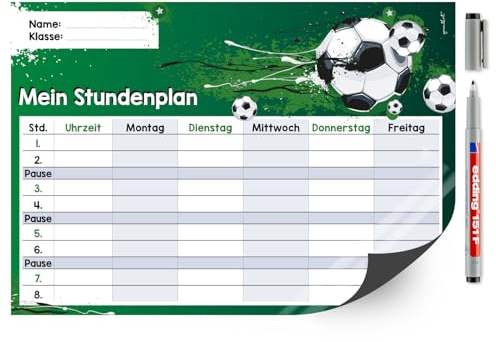 younikat Stundenplan abwischbar magnetisch Fußball Grün - DIN A4 - dv641 | Wiederbeschreibbar, Digitaldruck, Whiteboard-Oberfläche, magnetischer Rückseite, zum Schulanfang, Einschulung, inkl. Stift