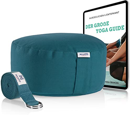 NAJATO Sports Meditationskissen – Mit Yogagurt & E-Book (PDF Datei) – Yogakissen mit Buchweizenschalen-Füllung – Rundes Yoga Kissen mit waschbarem Bezug aus Baumwolle
