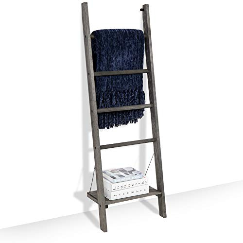 MyGift 4 Tier Wooden Blanket Ladder, Rustic Blanket Holder Ladder Shelf, Quilt Hanging Rack with Bottom Shelf, Wall Mount Towel Rack