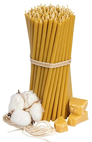 Diveevo Kirchliche Bienenwachskerzen №140 - Honig 100 Stk. I hochwertige Ritualkerzen L-16 cm Ø-5,0 mm I 30 Min Brenndauer in gelb I 300 g dünne Kerzen tropf- & rauchfrei