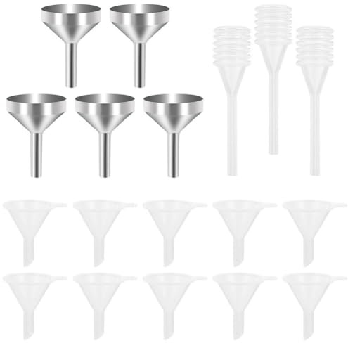 Miuse 5 embudos pequeños de metal, 10 unidades, mini embudos de plástico, con 3 mini pipeta para rellenar botellas pequeñas, contenedores, pulverizador, perfume, líquido