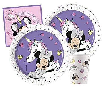Isola Party Kit fête d'anniversaire Minnie Licorne pour 16 personnes écologique (16 assiettes en carton ⌀ 20 cm, 16 gobelets en papier 266 ml, 20 serviettes en papier 33x33 cm)
