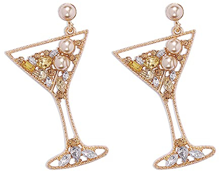 COLORFULBLING Handmade Champagne Martini Wine Glass Dangle Earrings Shiny Rhinestones Crystal Pearl Beaded Drop Earrings Charming Cocktail Glass Lovely Pencil Rugby Earrings for Women Jewelry