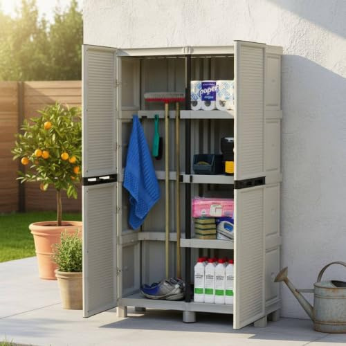 Dmora Mehrzweckschrank für den Außen und Innenbereich, 2 Türen und 3 Polypropylen Regale, 100% Made in Italy, 100x39h172 cm, hellgraue Farbe