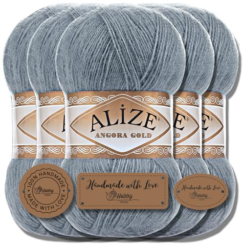 Hobby YARN 3x Etikettenlabel mit Alize Angora Gold Wolle Premium 5x100g als Set, Yarn, Garn, Dünne Mohair aus Schurwolle, Uni, Einfarbig, Strickgarn (Medium Grey - 87)