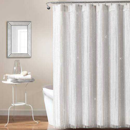 Lush Decor Night Sky String Thread Shower Curtain With PEVA Liner, 2 Piece Set, 72 W x 72 L, White - Silver String Shower Curtain and Liner Set - Shimmery Bath Curtain - Modern Glam Bathroom Decor