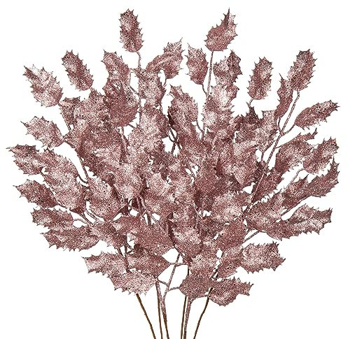 6PCS Kunstzweig Weihnachtsdeko Kunstpflanze Weihnachtsblätter Zweig Glitzernde Eichenblätter Dekozweig mit Glitzern, Länge 58CM