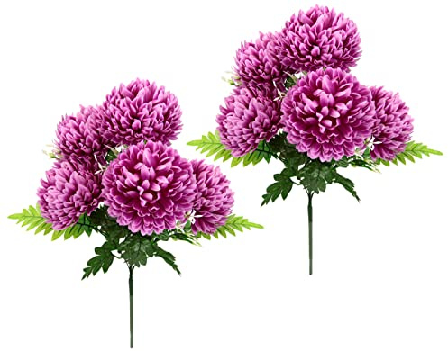 Flair Flower Chrysanthemen Kunstblumen 2er Set – Künstlicher Blumenstrauß mit großen Blüten & grünen Blättern – Deko Blumen für Vase, Wohnzimmer, Tisch & Hochzeit – ca. 50 x 30 x 60 cm