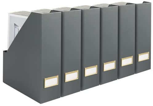 Blu Monaco Set mit 6 faltbaren grauen Zeitschriftenhaltern mit goldenen Etikettenhaltern – stilvolle Aktenboxen für Heimbüro, Schreibtisch, Bücherregal oder Klassenzimmer-Organisation