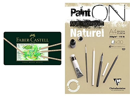 Faber-Castell 112160 - Farbstift Pitt Pastell, 60er Metalletui & Clairefontaine 96540C Naturel PaintOn Block naturbraun