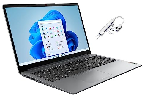 Lenovo Ideapad 1 Ordinateur portable HD 15,6 | Processeur AMD Athlon Silver 7120U | RAM DDR5 4 Go | SSD 128 Go | Carte graphique AMD Radeon | Windows 11 Home | Gris | Ensemble avec hub USB 3.0