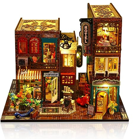 Cuteefun Puppenhaus Miniatur mit Möbeln, Miniatur Haus mit Musik, DIY Hölzernes Puppenhaus für Erwachsene, Geschenk zum Geburtstag (Allee Straßenansicht)