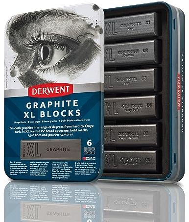 Derwent XL Graphitblock, 6er-Set Malstifte, 60 mm, extrabreite Farbstifte, wasservermalbar, ideal zum Skizzieren, Zeichnen und für ausdrucksstarke Zeichnungen, Profi-Qualität,in der Stiftebox,2306195