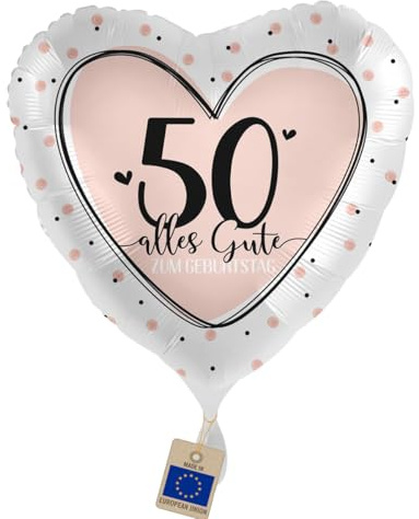 Folienballon 50. Geburtstag Creme – Herzballon 50 Alles Gute | Geschenk und Deko für Frauen, Mama, Oma & Freundin zum 50. Geburtstag – Creme/Beige, Luft/Helium, Made in EU