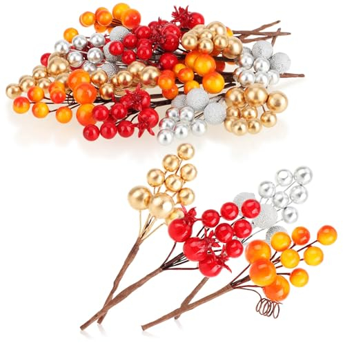 com-four® 20x rami decorativi - rami decorativi in 4 colori con bacche e palline - Accessori fai da te per ghirlande e composizioni - decorazioni sparse (Rami decorativi di bacche colorate)