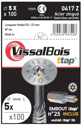 100 vis bois TTAP 5x120mm filetage asymétrique zingué - Vissal