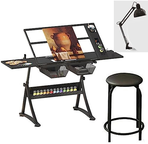 CASEGO Acryl-Doppelbrett-Maltisch, winkelverstellbar, höhenverstellbar, für Studio, Klassenzimmer, Zuhause, multifunktionaler Maltisch (Basic+lamp+Chair)
