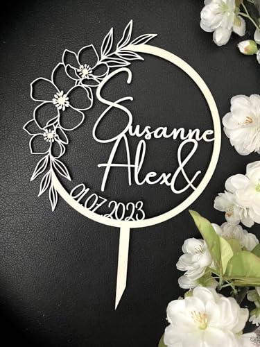 NoriKids Cake-Topper personalisiert – Kranz mit filigranen Blumen & Namen | Tortendeko Hochzeit – handgefertigter Tortenstecker aus Holz – individuelle Hochzeitsdeko – personalisierte Geschenke