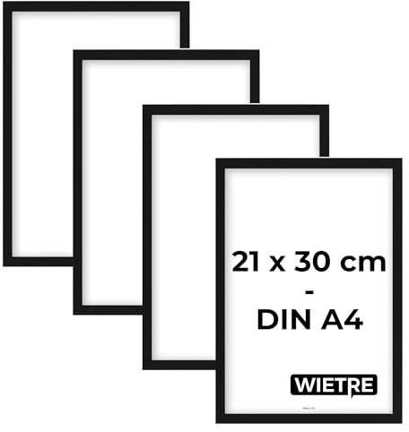 WIETRE 4er Set Bilderrahmen A4 21x30 cm Schwarz MDF-Holz | Posterrahmen | bruchsicheres Acrylglas | zum Aufhängen & Aufstellen - für Fotos, Bilder & Poster