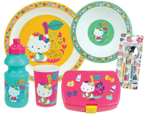 Fun House - Juego de vajilla de Hello Kitty para niños de 3 años | Plato de 22 cm, plato hondo, diámetro de 16 cm, cristal, 220 ml, botella de 350 ml, caja de degustar cubiertos H13,5 cm, licencia