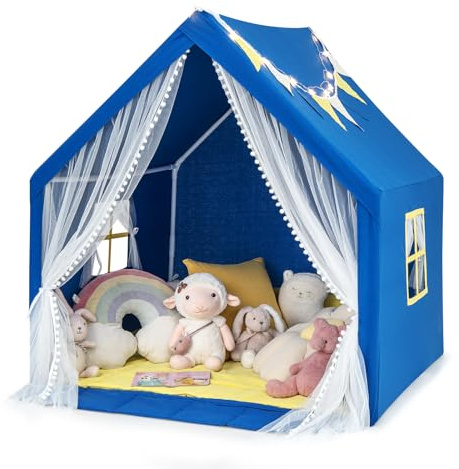 DREAMADE Kinderzelt für Drinnen mit Matte und Lichtern und Flaggenbanner, Kinder Spielhaus Indoor mit Vorhang & Fenstern, Tipi Zelt, Spielzelt für Jungen und Mädchen 121 x 105 x 125 cm (Blau)