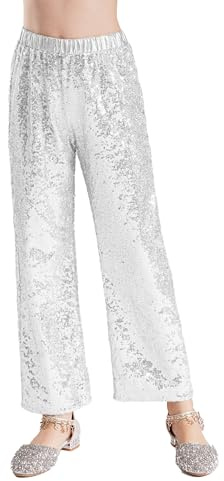 TiaoBug Mädchen Pailletten Hosen Kinder Tanzhose Weites Bein Jazz Pants Gefüttert Glitzer Anzughose Für Tanzen, Geburtstag, Festtage Party Silber K 134-140