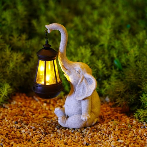 OKESYO Décoration de jardin - Figurines d'éléphants avec lumière solaire - Résistant aux intempéries - Statue d'éléphant - Lampes solaires pour balcon et jardin - Cadeau d'anniversaire pour femmes,