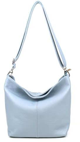Made in Italy Damen Leder Tasche Umhängetasche Shopper Cross Over Body Bag Handtasche Ledertasche Schultertasche Hobo Bag Hellblau