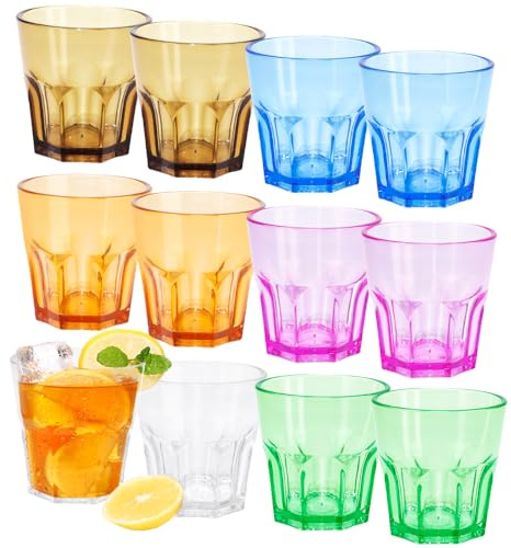 Lot de 12 verres en plastique acrylique incassables réutilisables pour cuisine, pique-nique, fête, jus, whisky, vin (multicolore)