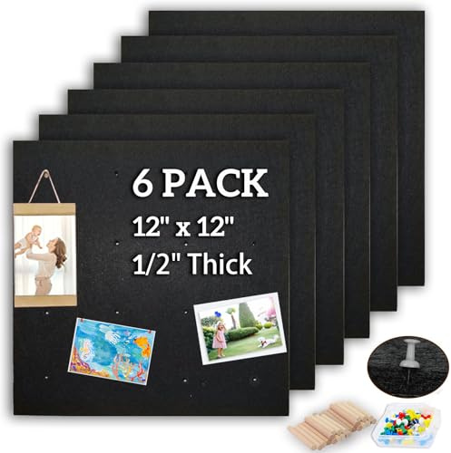 6-Pack Large Black Felt Pinboard Bulletin Boards Pegboard Wall Tiles, 12x12-1/2 Thick Large Cork Board for Walls, Self-Adhesive Soundproof Vision Board with 45 Push Pins & 40 Wooden Dowel Pins, UK