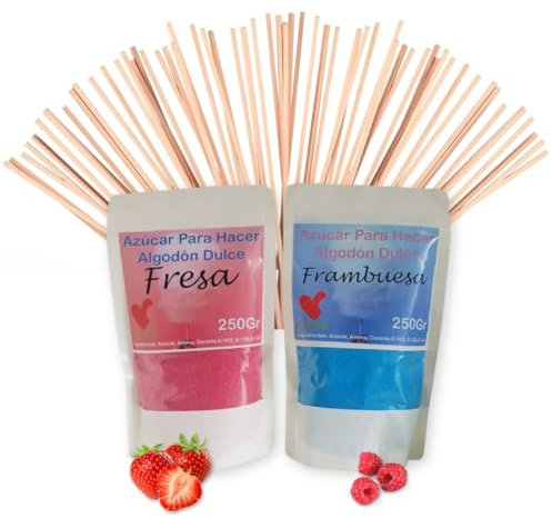 IChuches Azucar para Máquina Algodón con 25 Palitos Reciclables para Degustación - Lote de 2 Sabores (Fresa y Frambuesa), Azúcar para Algodón de Azúcar - Ideal para Fiestas (2X250 gr)