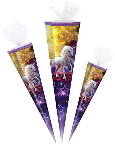 alles-meine.de GmbH Schultüte - magisches Einhorn/Unicorn & Sterne - 50 cm - rund - Tüllabschluß - Zuckertüte - mit/ohne Kunststoff Spitze - Markneukirchen - Jungen Mädchen -..