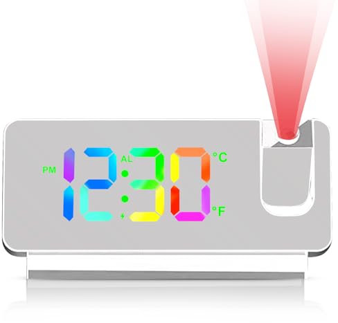 Sveglia Digitale con Proiezione, Sveglia con Proiettore Soffitto a 180°, Orologio Digitale con Temperatura, Data, 12/24 ore, Funzionamento USB, per la Camera da Letto