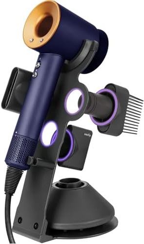 YUET Hair Dryer Holder Stand for Dyson Supersonic Hairdryer Hair Dryer Airwrap, Aluminum Alloy Stand Power Plug Holder, Bathroom Organizer Care Tools Magnetic (Black, 3 Holes)