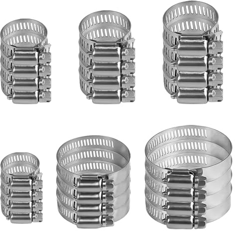 TRKETK 24 Pcs 6-51mm Hose Clips Set, Adjustable Stainless Steel Hose Clip Worm Drive Pipes Tube Clamp 304 Stainless Steel Small Hose Clamp for Pool, Washing Machine, Garden, Securing Hose (6 Size)