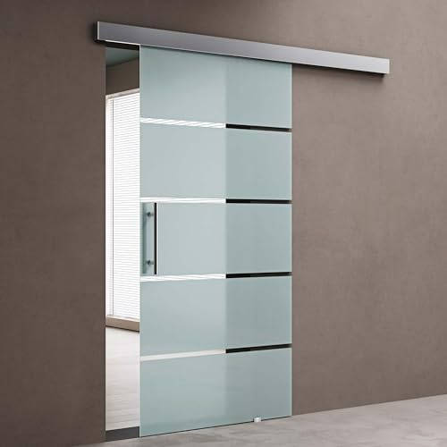 doporro Glasschiebetür Komplettset 90x205cm ESG-Glas Milchglas-Streifen | Schiebetür mit Stangengriff | 15mm Wandabstand | Edelstahl Türgriff | Aluminium Abdeckblende | Amalfi-plus 13