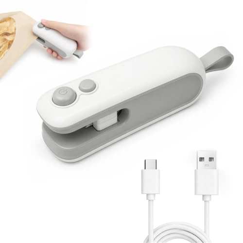 Mini Sealer, 2 in 1 Heat Sealer Bag Sealer with Built-in Cutter, Portable USB Manual Sealer for Snack Plastic Bags Fresh Cookies (White)