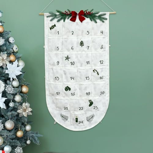 FFZZKJ Adventskalender zum Befüllen Kinder (137x74cm) Selber Befüllen Weihnachtskalender aus Stoff mit Schleife-Tannenzweig, Wandkalender zum Aufhängen mit 24 Stoffbeutel, mit 3M 30LED Lichterkette