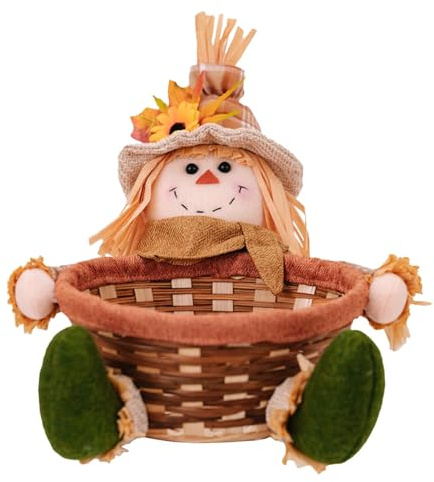 Autumn Table Scarecrow - Sunflower Sitting Scarecrow Plush Doll, Autumn Thanksgiving Harvest Doll, Harvest Handmade Doll, Autumn Shelf Sitting Figure with a Fruit Basket