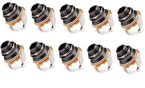 10 Stück Schwarze Gitarren Klinkenbuchse Gt10 mit Mutter | 6, 35 Mm Mono Einbaubuchse, Panel Mount für Bass und Instrument, Inklusive Unterlegscheibe