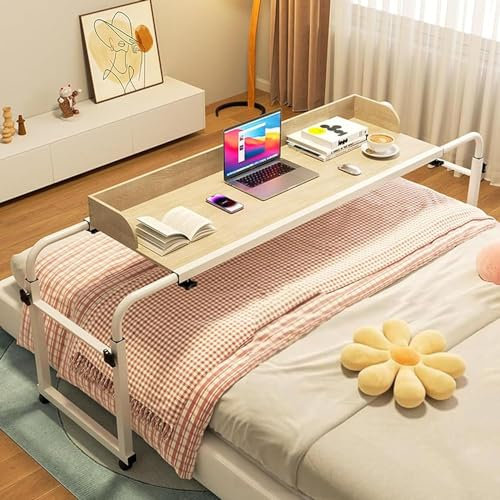 XONJEMU Overbed Table Mobiler Schreibtisch Pflegetisch Laptoptisch Über-Betttisch auf Rollen Höhenverstellbar/Breitenverstellbar für Tägliche Entspannungsarbei(Color:Holz)